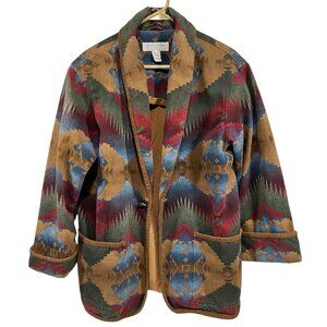 Vtg Jones New York Med Sport Aztec Western Print Open Front Coat Brushed Denim